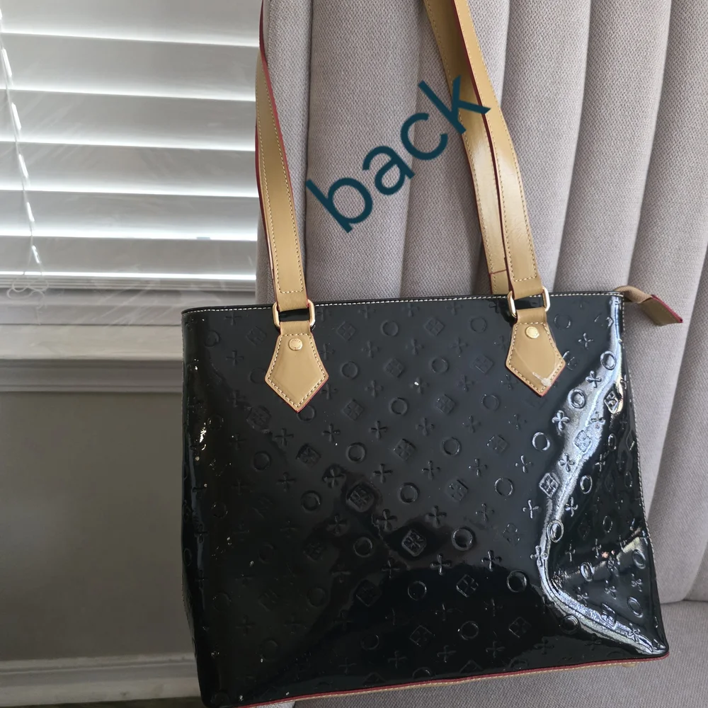 INVECE Blue Dark Patent Tote with Tan Handles - Women Bags.used,paint Defect.